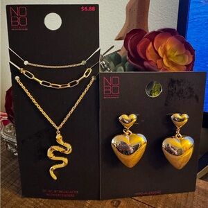 No Boundaries Fashion Necklace Trio W/ Snake Pendant & NoBo Puff Heart Earrings